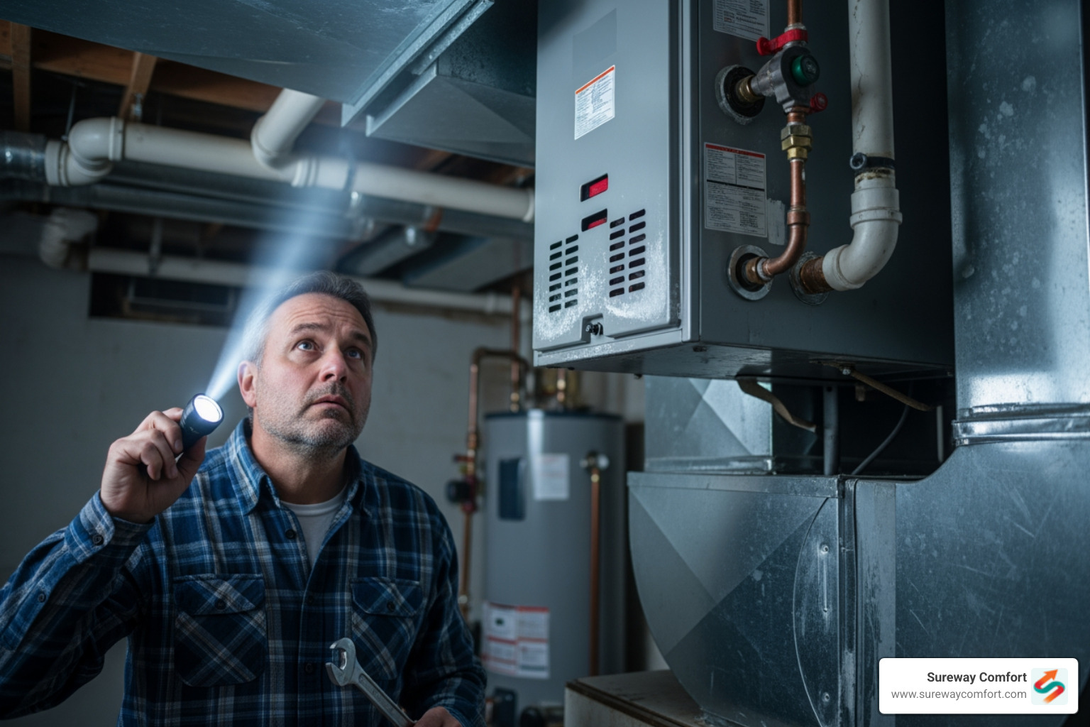 infographic showing five warning signs your heating system needs repair: strange noises or smells, inconsistent heating between rooms, unexplained energy bill increases, frequent on-off cycling, and visible signs of wear or damage