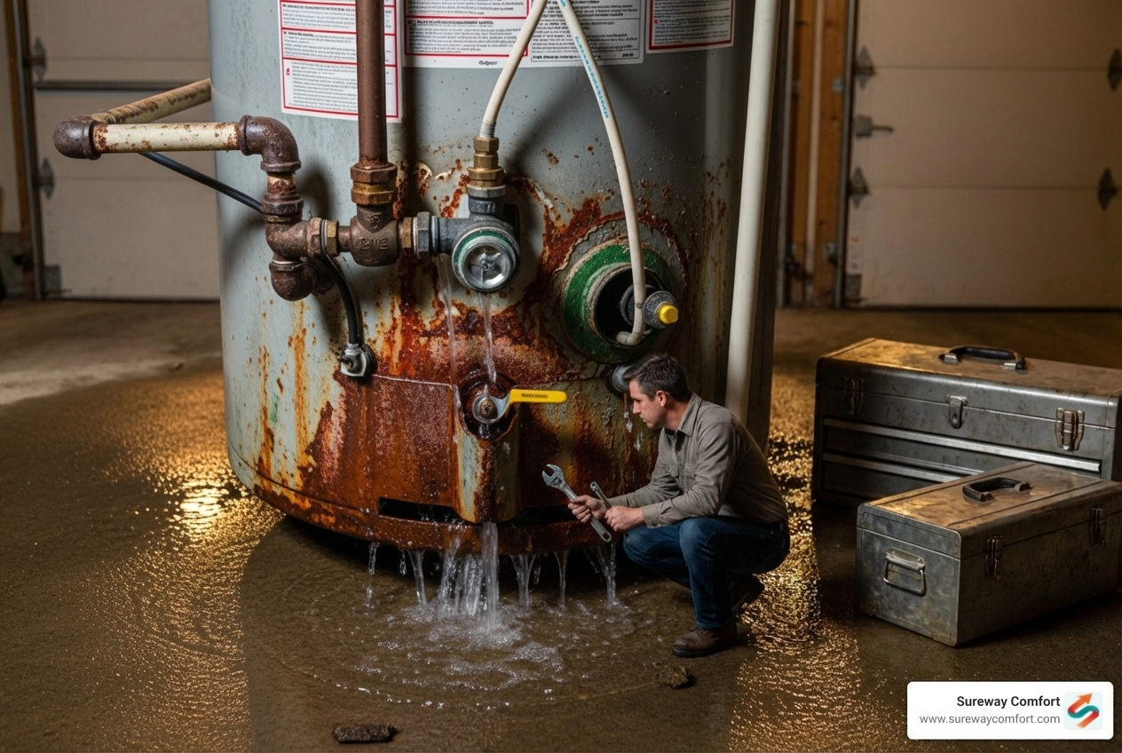 Infographic showing 5 critical signs of water heater emergency: major leaks pooling on floor, complete loss of hot water, rusty or brown discolored water from taps, loud popping or banging noises from tank, and visible corrosion or rust on water heater exterior - emergency water heater replacement in bethel park, pa