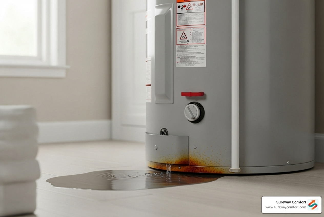 Infographic showing the top 5 signs your water heater is failing in Bethel Park: 1) Unit is 8-12 years old or older, 2) Pooling water or visible leaks around the base, 3) Rust-colored or discolored hot water from taps, 4) Banging, popping, or rumbling noises from the tank, 5) Water temperature is inconsistent or never gets hot enough - water heater replacement in bethel park pa Infographic showing the top 5 signs your water heater is failing in Bethel Park: 1) Unit is 8-12 years old or older, 2) Pooling water or visible leaks around the base, 3) Rust-colored or discolored hot water from taps, 4) Banging, popping, or rumbling noises from the tank, 5) Water temperature is inconsistent or never gets hot enough - water heater replacement in bethel park pa