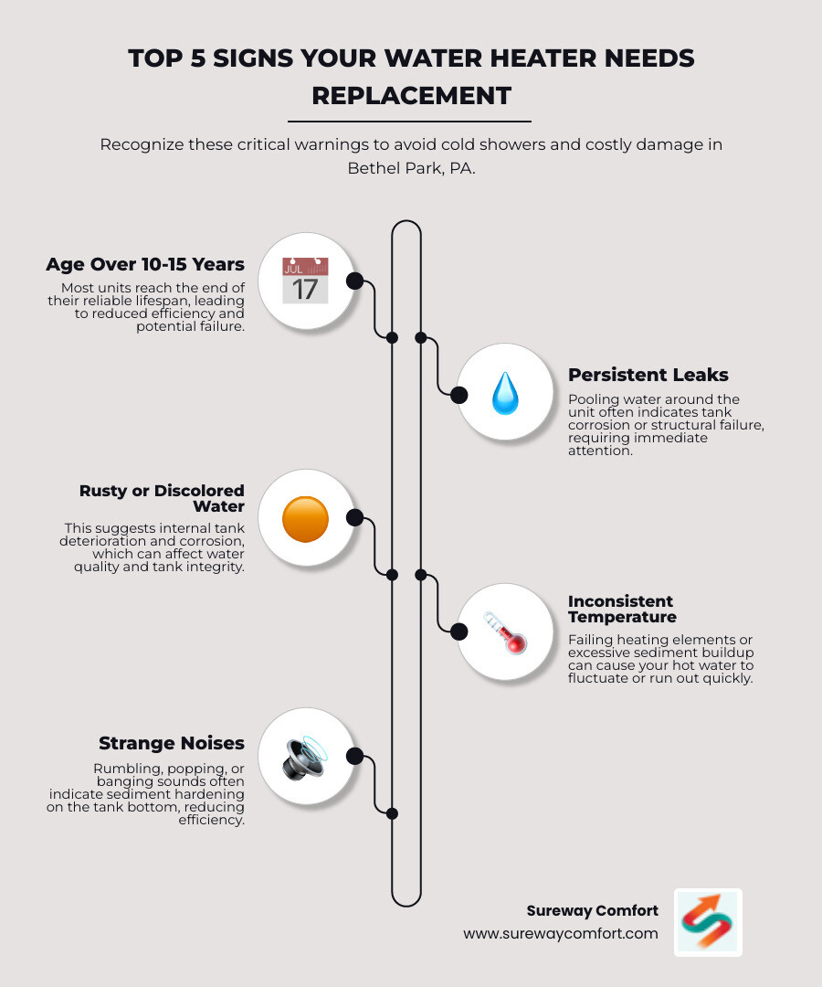Infographic showing the 5 warning signs of water heater failure: unit age over 10 years with calendar icon, pooling water with droplet icon, rusty water from faucet with discoloration symbol, inconsistent temperature with thermometer fluctuating, and strange noises with sound wave icon, each sign connected to a central water heater illustration - best water heater replacement in bethel park, pa infographic infographic-line-5-steps-elegant_beige Infographic showing the 5 warning signs of water heater failure: unit age over 10 years with calendar icon, pooling water with droplet icon, rusty water from faucet with discoloration symbol, inconsistent temperature with thermometer fluctuating, and strange noises with sound wave icon, each sign connected to a central water heater illustration - best water heater replacement in bethel park, pa infographic infographic-line-5-steps-elegant_beige