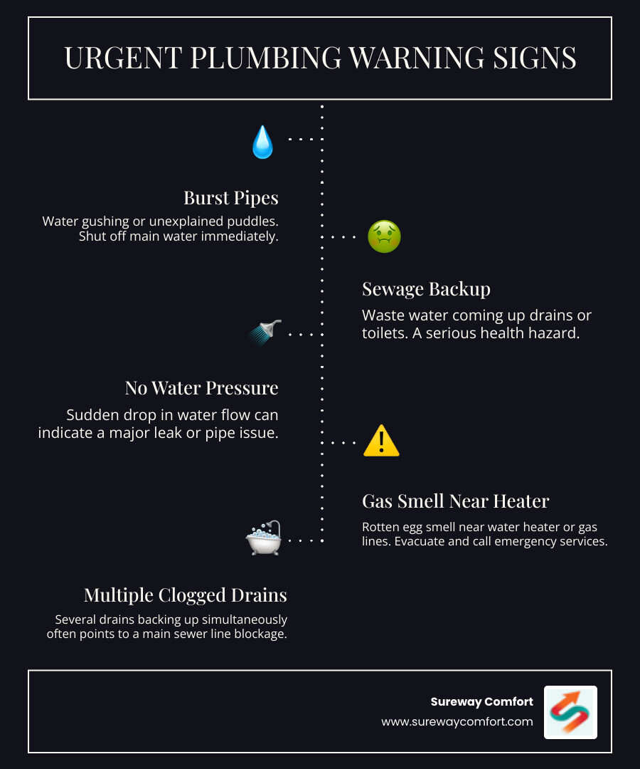 infographic showing warning signs you need a plumber immediately including burst pipes, sewage backup, no water pressure, gas smell near water heater, and multiple clogged drains - Find me a reliable plumber in Bridgeville, PA." infographic infographic-line-5-steps-dark