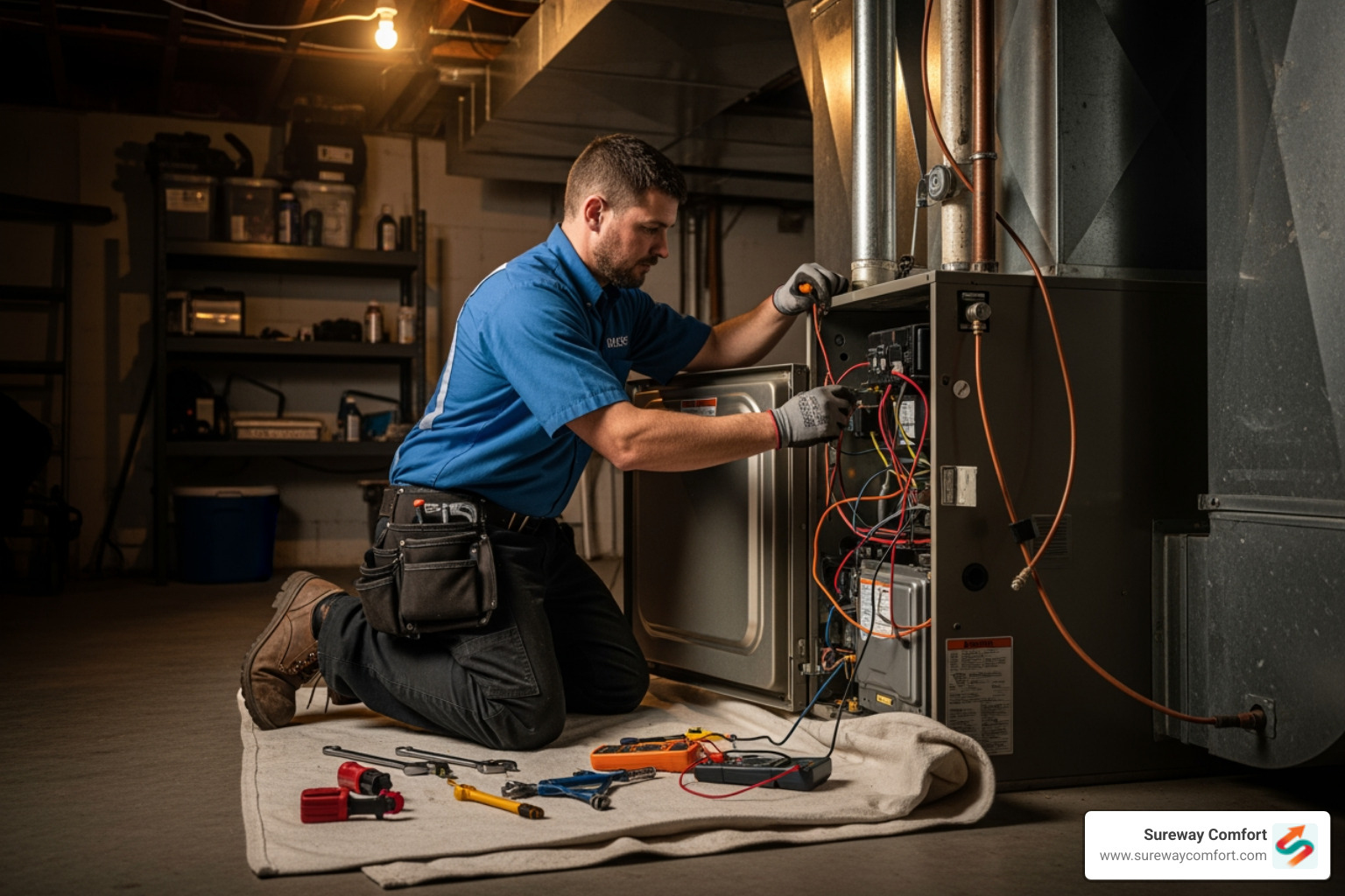 Infographic showing the top 5 signs you need heating repair: unusual noises like banging or whistling, inconsistent temperatures or cold spots throughout your home, sudden increases in energy bills, poor air quality or strange odors when the system runs, and frequent cycling on and off - heating repair in bridgeville pa