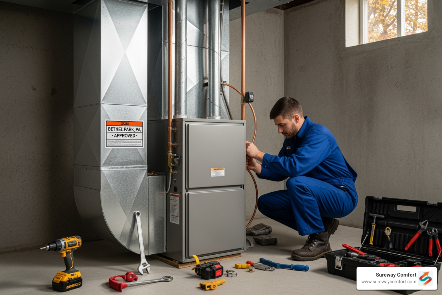 Infographic showing the benefits of professional heating installation: extended system lifespan of 15-20 years, up to 40% energy savings with high-efficiency models, improved indoor air quality, consistent comfort throughout the home, and protection through professional warranties - heating installation in bethel park pa