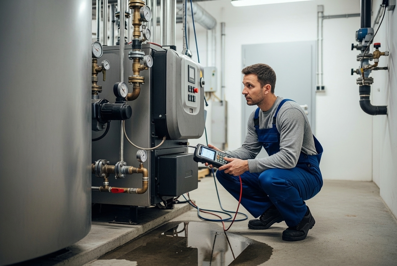 Infographic showing the five critical warning signs that indicate your commercial boiler needs immediate repair: unusual banging or kettling noises, water pooling around the unit, rooms with cold spots or inconsistent heating, sudden spikes in energy bills, and sulfur-like or metallic odors near the system - commercial boiler repair in bridgeville, pa