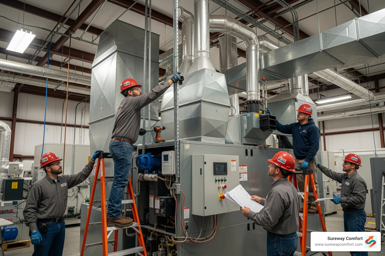 Infographic showing the key benefits of commercial heating installation: 10-30% reduction in energy costs, 15-20 year system lifespan with maintenance, improved employee productivity and customer comfort, compliance with local building codes, protection of temperature-sensitive inventory, and reduced breakdown frequency - commercial heating installation in bethel park, pa