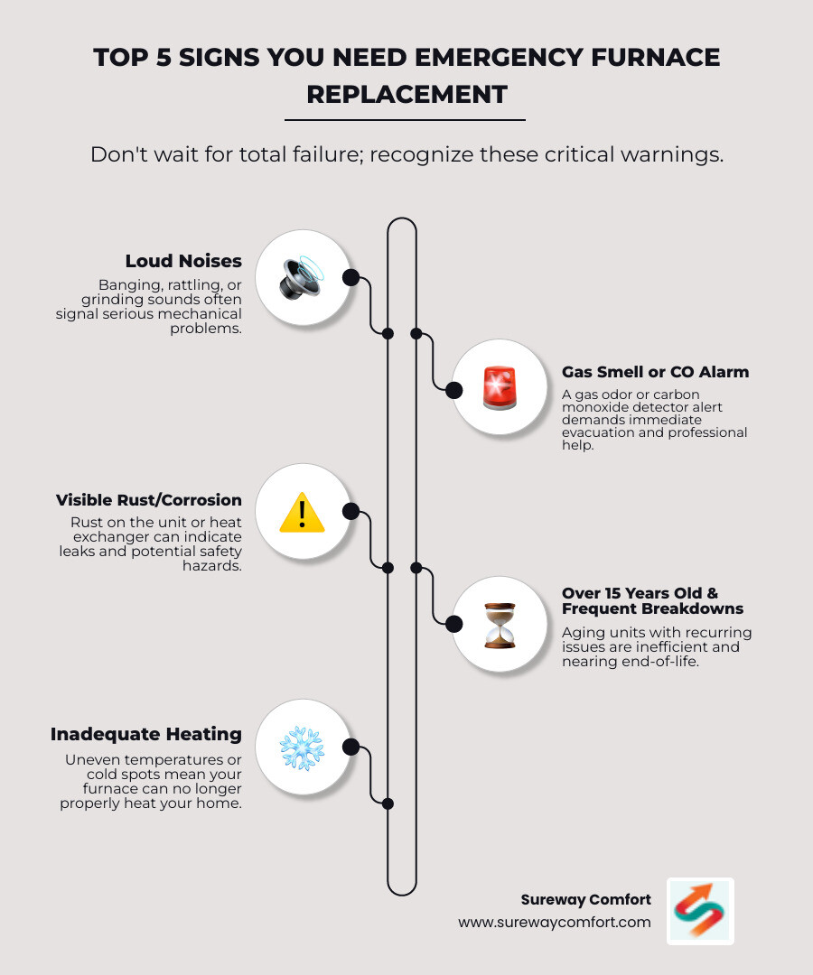 Infographic showing the top 5 signs you need emergency furnace replacement: unusual loud noises like banging or rattling, carbon monoxide detector alerts or gas smell, visible rust or corrosion on the furnace, furnace age over 15 years with frequent breakdowns, and inadequate heating with cold spots throughout your home - emergency furnace replacement in bridgeville, pa infographic infographic-line-5-steps-elegant_beige