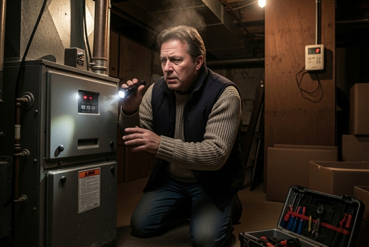 Infographic showing the top 5 signs your furnace needs emergency repair in Bethel Park: 1. No heat or inconsistent heating throughout your home, 2. Unusual sounds like banging, grinding, or rattling from the unit, 3. Short cycling where the furnace turns on and off frequently, 4. Pilot light problems or the flame won't stay lit, 5. Strange odors including burning smells or gas/fuel odors requiring immediate evacuation - emergency furnace maintenance in bethel park, pa Infographic showing the top 5 signs your furnace needs emergency repair in Bethel Park: 1. No heat or inconsistent heating throughout your home, 2. Unusual sounds like banging, grinding, or rattling from the unit, 3. Short cycling where the furnace turns on and off frequently, 4. Pilot light problems or the flame won't stay lit, 5. Strange odors including burning smells or gas/fuel odors requiring immediate evacuation - emergency furnace maintenance in bethel park, pa