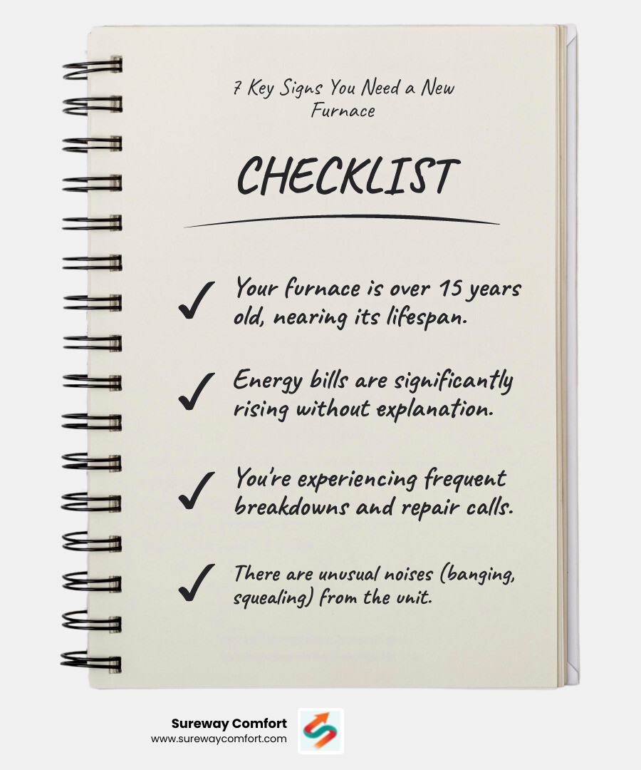 Infographic showing 7 key indicators homeowners need furnace replacement: system age over 15 years, rising monthly energy bills, frequent repair calls, uneven heating across rooms, unusual noises like banging or squealing, visible soot or excessive dust near vents, and yellow pilot light instead of blue - furnace installation company in bridgeville, pa infographic checklist-notebook Infographic showing 7 key indicators homeowners need furnace replacement: system age over 15 years, rising monthly energy bills, frequent repair calls, uneven heating across rooms, unusual noises like banging or squealing, visible soot or excessive dust near vents, and yellow pilot light instead of blue - furnace installation company in bridgeville, pa infographic checklist-notebook