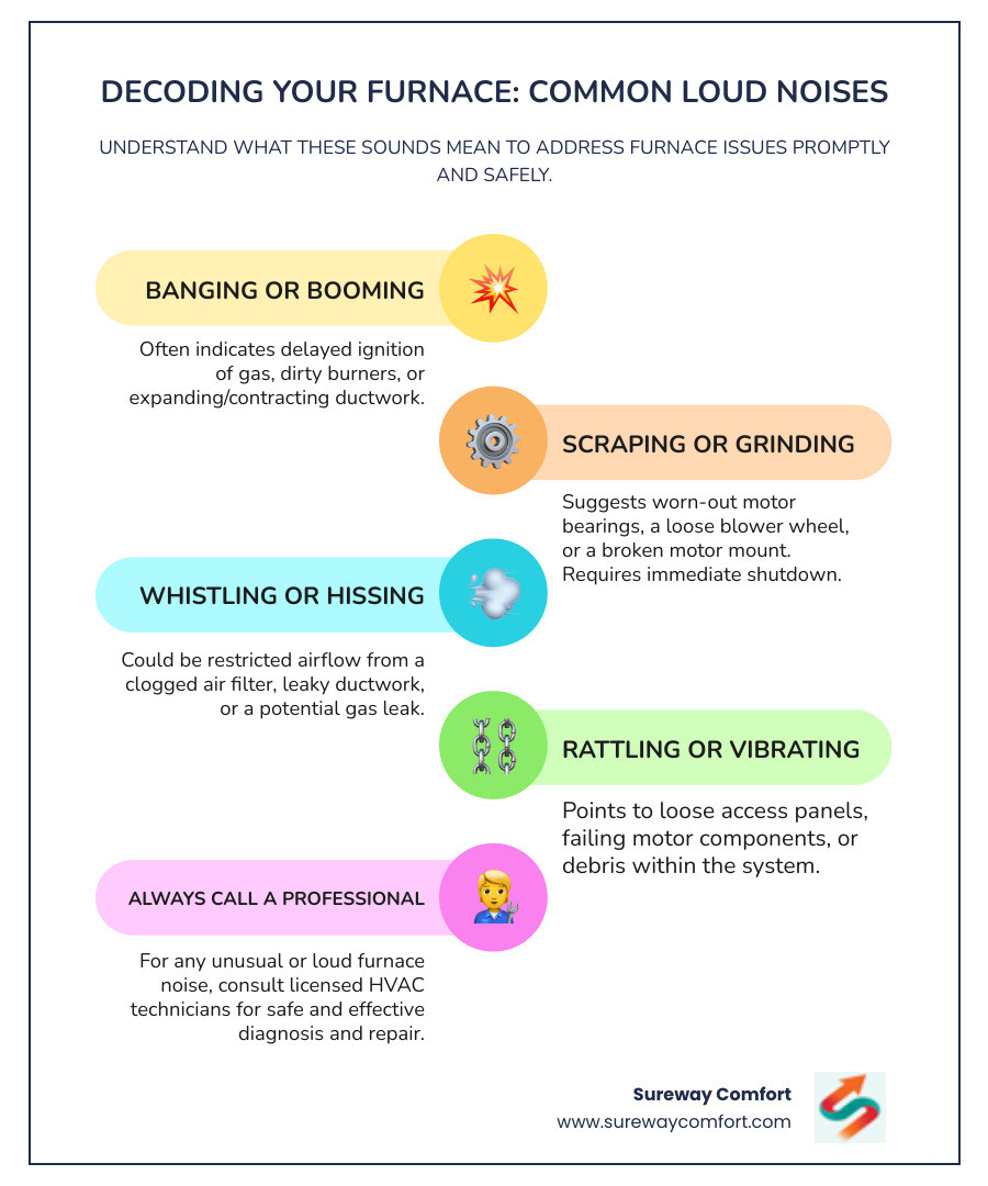 infographic showing common furnace noises including banging from delayed ignition, grinding from motor bearing failure, whistling from clogged filters or duct leaks, and rattling from loose panels, with icons indicating whether each requires immediate shutdown or professional inspection - "My furnace is making a loud noise. Recommend a few places for furnace repair in Bethel Park PA." infographic infographic-line-5-steps-colors