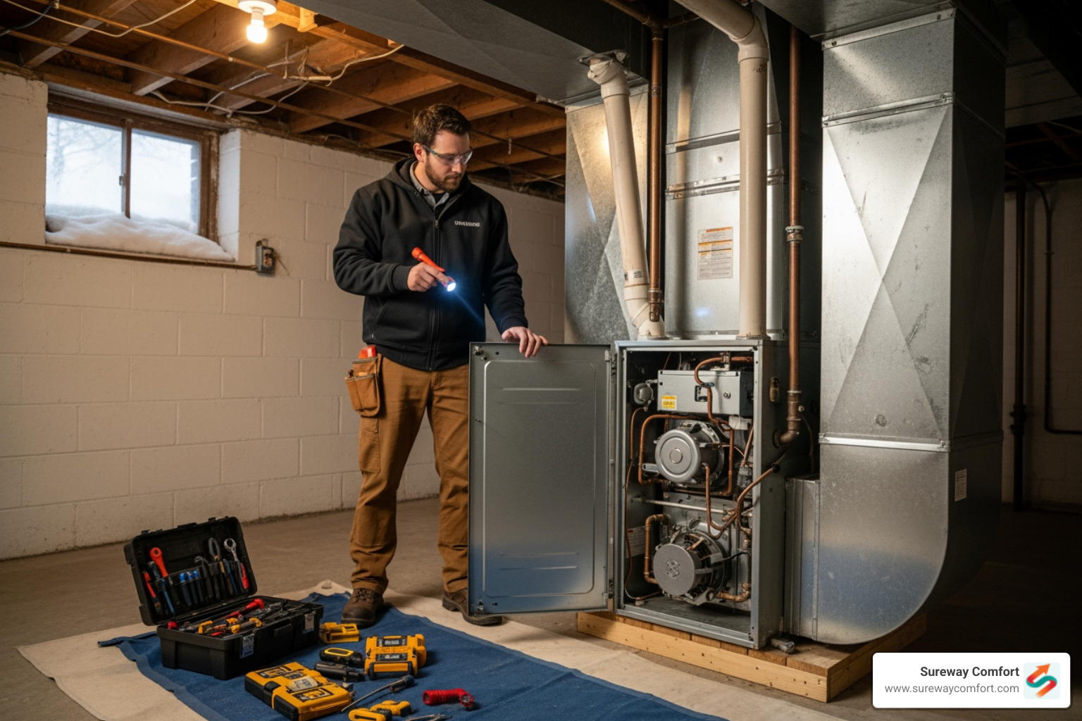 Infographic showing emergency furnace warning signs: gas odor with evacuation arrow, carbon monoxide detector with alarm symbol, complete loss of heat with thermometer dropping, strange noises with sound waves, and water pooling with droplet icon. Each sign includes immediate action steps and when to call for emergency service versus routine maintenance. - emergency furnace maintenance in mt. lebanon, pa