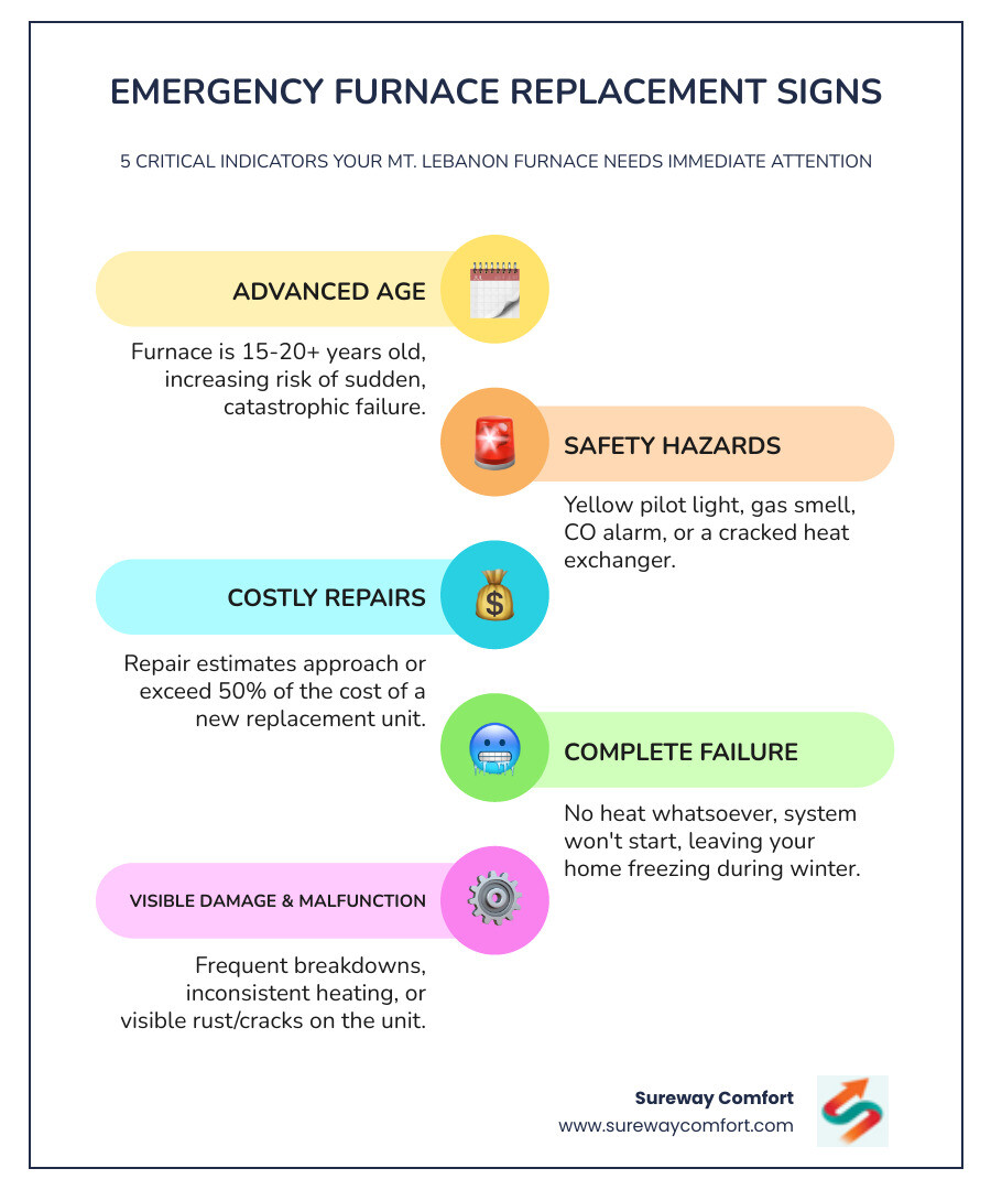 Infographic showing five critical warning signs requiring emergency furnace replacement: system age over 15-20 years, cracked heat exchanger with carbon monoxide risk, repair costs exceeding 50% of replacement value, complete system failure with no heat output, and visible rust or cracks in furnace cabinet - emergency furnace replacement in mt. lebanon, pa infographic infographic-line-5-steps-colors