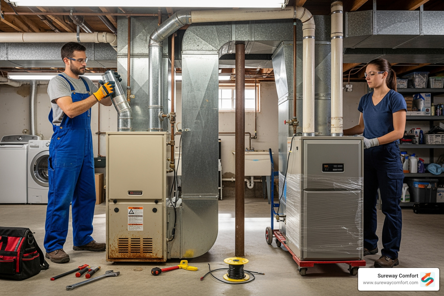 Infographic showing the top 5 signs it's time to replace your furnace: furnace age over 15-20 years, frequent costly repairs, rising energy bills, uneven heating throughout the home, and strange noises like banging or rattling - furnace replacement service in bethel park, pa