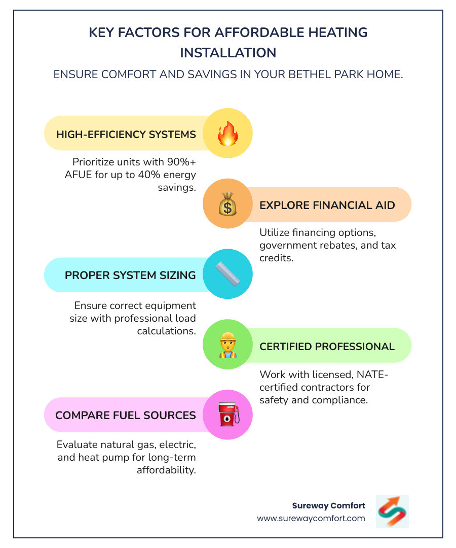 infographic showing key factors for affordable heating installation including system age 15-20 years, AFUE ratings of 90 percent or higher, financing options available, energy efficiency savings up to 40 percent, proper sizing through load calculations, and licensed contractor credentials - affordable heating installation in bethel park, pa infographic infographic-line-5-steps-colors