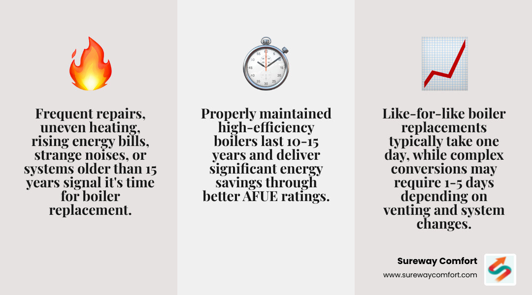 Infographic showing the key factors in choosing an affordable boiler installation in Brookline PA: boiler type comparison between combination, system, and traditional units; installation duration for different scenarios; expected lifespan with maintenance; and top warning signs that indicate replacement is needed including system age over 15 years, frequent repairs, rising energy usage, uneven heating, and safety concerns - affordable boiler installation in brookline, pa infographic 3_facts_emoji_grey Infographic showing the key factors in choosing an affordable boiler installation in Brookline PA: boiler type comparison between combination, system, and traditional units; installation duration for different scenarios; expected lifespan with maintenance; and top warning signs that indicate replacement is needed including system age over 15 years, frequent repairs, rising energy usage, uneven heating, and safety concerns - affordable boiler installation in brookline, pa infographic 3_facts_emoji_grey