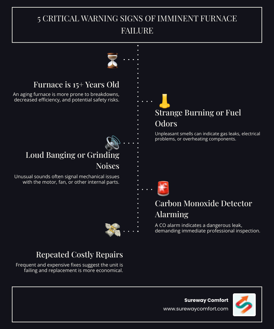 Infographic showing the 5 critical warning signs of imminent furnace failure: 1) Furnace is 15+ years old, 2) Strange burning or fuel odors present, 3) Loud banging or grinding noises, 4) Carbon monoxide detector alarming, 5) Repeated costly repairs in the past year - emergency heating installation in bethel park, pa infographic infographic-line-5-steps-dark Infographic showing the 5 critical warning signs of imminent furnace failure: 1) Furnace is 15+ years old, 2) Strange burning or fuel odors present, 3) Loud banging or grinding noises, 4) Carbon monoxide detector alarming, 5) Repeated costly repairs in the past year - emergency heating installation in bethel park, pa infographic infographic-line-5-steps-dark
