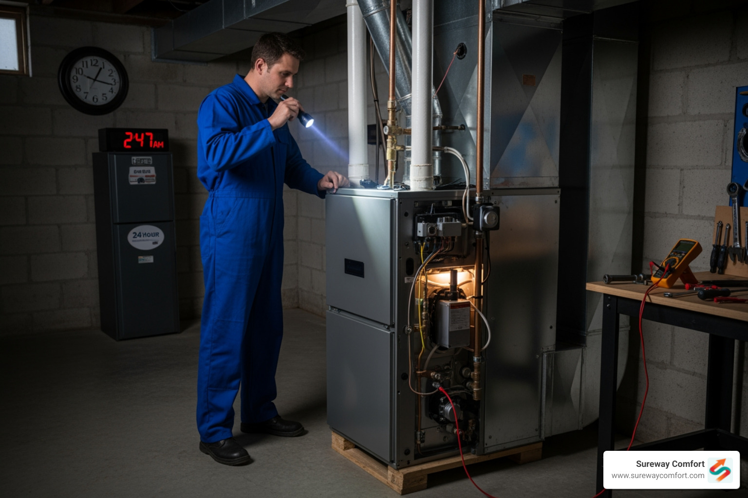 infographic showing 5 warning signs your furnace needs immediate attention: strange noises like banging or rattling, inconsistent temperatures throughout your home, weak or no airflow from vents, unusual burning or musty odors, and sudden spikes in your energy bills - 24 hour furnace maintenance in bridgeville, pa