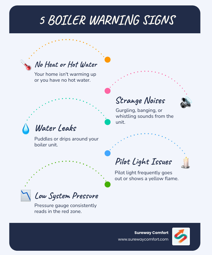 infographic showing 5 common signs your boiler needs repair: no heat or hot water, strange noises like gurgling or kettling, water leaking from the unit, pilot light problems or frequent cycling, and low system pressure gauge readings - boiler repair deals in brookline, pa infographic infographic-line-5-steps-blues-accent_colors