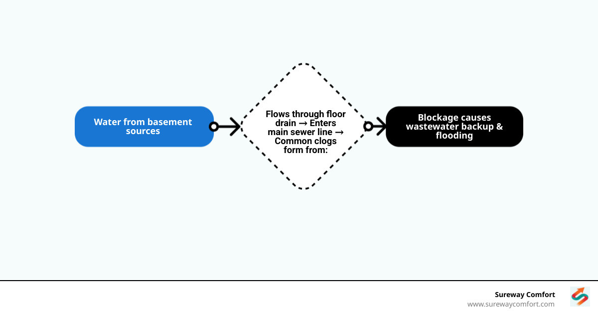 Infographic showing how basement floor drains connect to the main sewer line and what causes blockages - "My basement floor Infographic showing how basement floor drains connect to the main sewer line and what causes blockages - "My basement floor