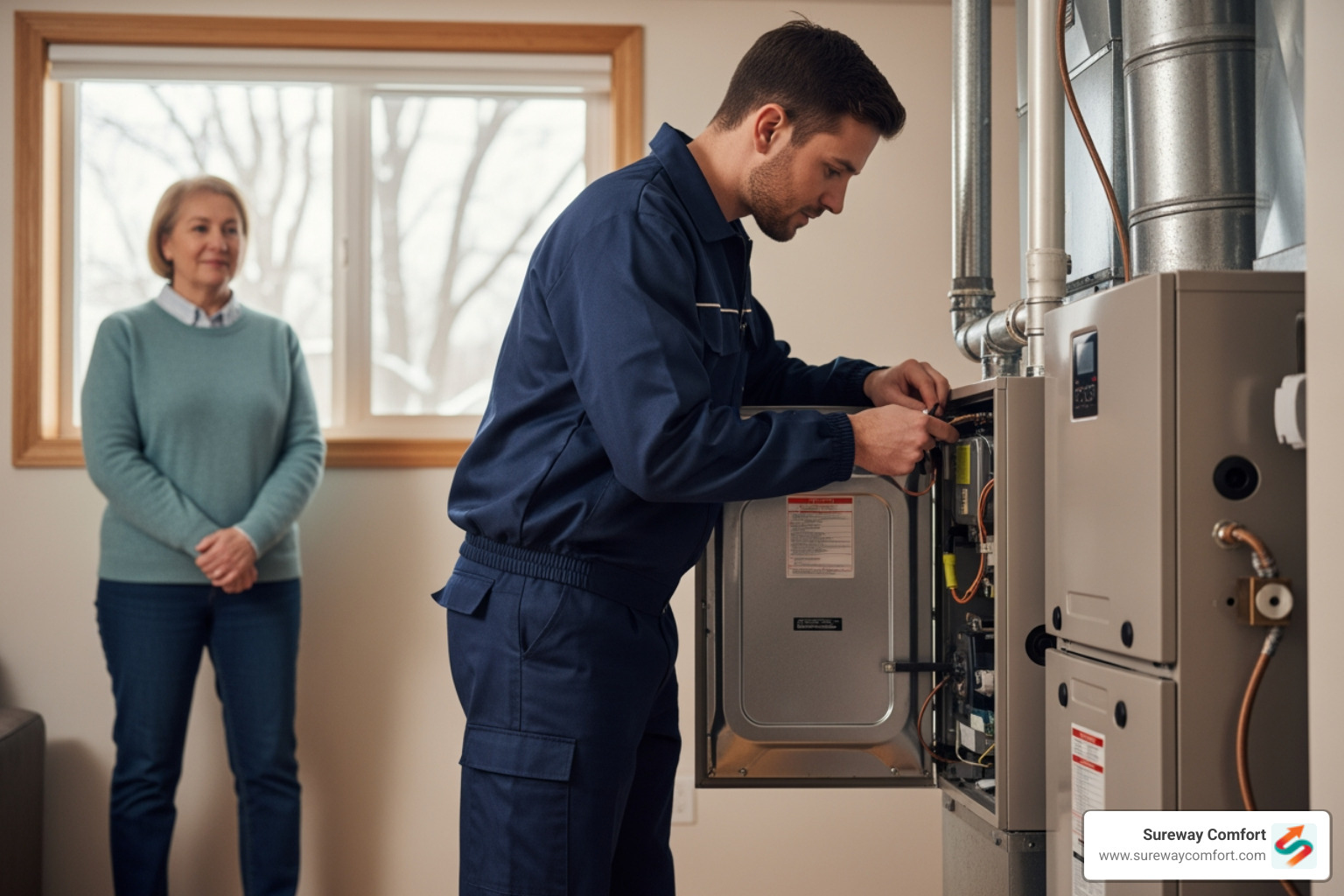 Infographic showing emergency furnace installation checklist including when to call for help, safety steps to take immediately, what to expect during emergency installation, and post-installation maintenance requirements for Canonsburg homeowners - emergency furnace installation in canonsburg, pa