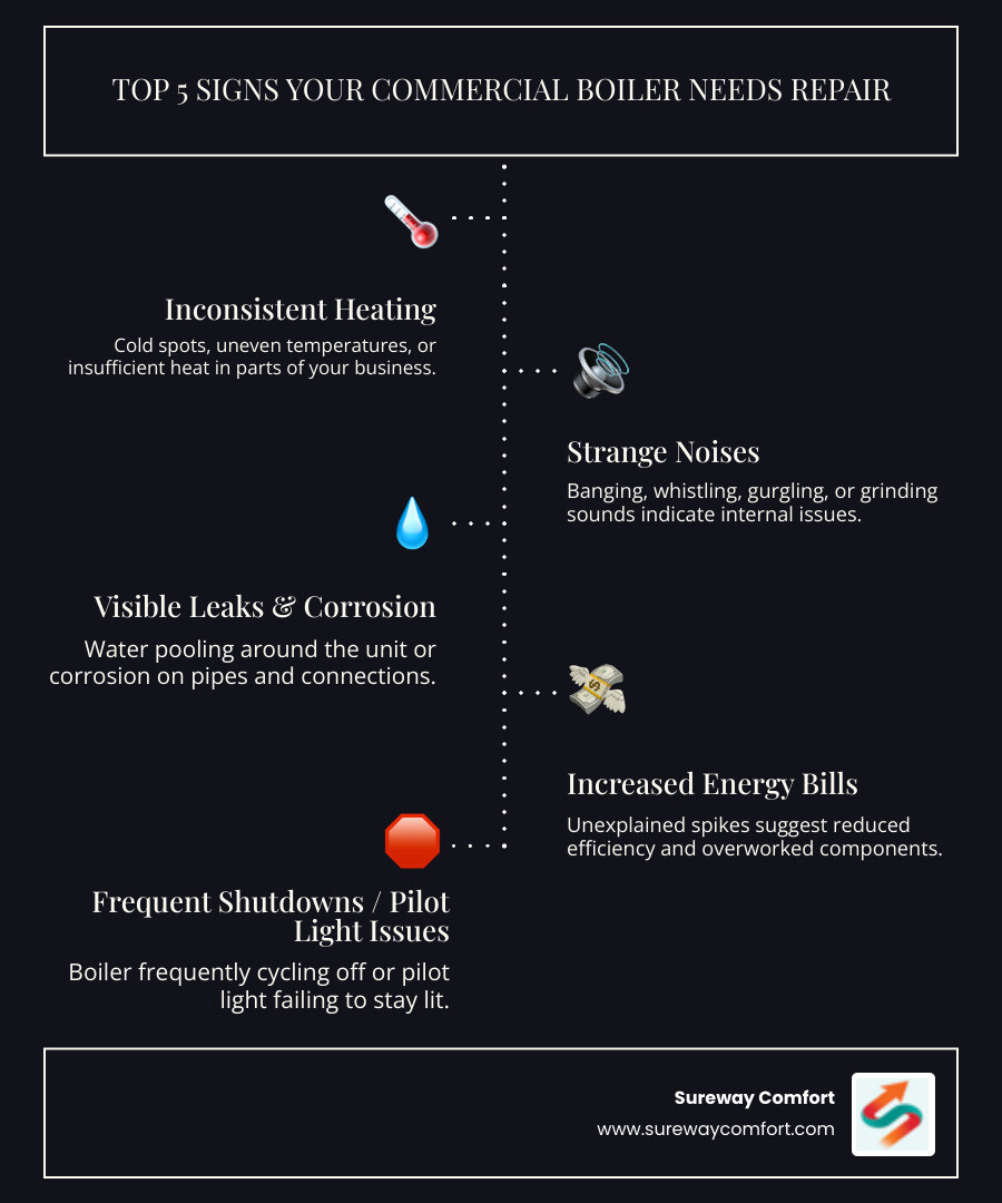 Infographic showing the five critical warning signs that indicate your commercial boiler needs immediate professional repair: inconsistent heating with cold spots in different areas, unusual noises like banging or whistling sounds, visible water leaks or corrosion around pipes and connections, unexplained spikes in monthly energy bills, and frequent system shutdowns or pilot light failures - commercial boiler repair in brookline, pa infographic infographic-line-5-steps-dark