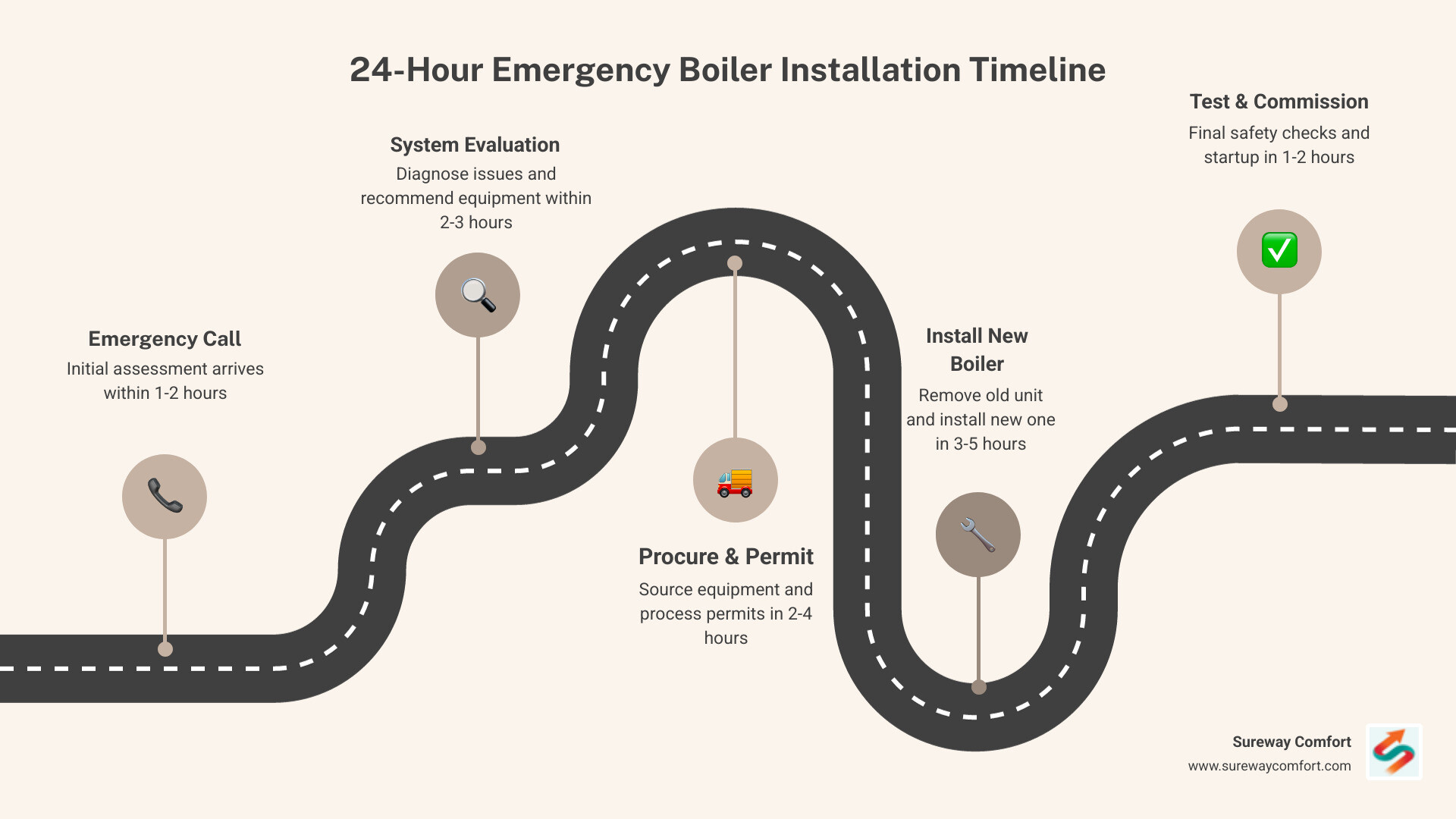 Infographic showing the 24-hour emergency boiler installation timeline: Step 1 - Emergency call and initial assessment within 1-2 hours; Step 2 - System evaluation and equipment recommendation within 2-3 hours; Step 3 - Equipment procurement and permit processing 2-4 hours; Step 4 - Old boiler removal and new installation 3-5 hours; Step 5 - Testing, commissioning, and safety checks 1-2 hours; Total typical timeframe: same-day to next-day completion depending on equipment availability - emergency boiler installation in brookline, pa infographic roadmap-5-steps Infographic showing the 24-hour emergency boiler installation timeline: Step 1 - Emergency call and initial assessment within 1-2 hours; Step 2 - System evaluation and equipment recommendation within 2-3 hours; Step 3 - Equipment procurement and permit processing 2-4 hours; Step 4 - Old boiler removal and new installation 3-5 hours; Step 5 - Testing, commissioning, and safety checks 1-2 hours; Total typical timeframe: same-day to next-day completion depending on equipment availability - emergency boiler installation in brookline, pa infographic roadmap-5-steps