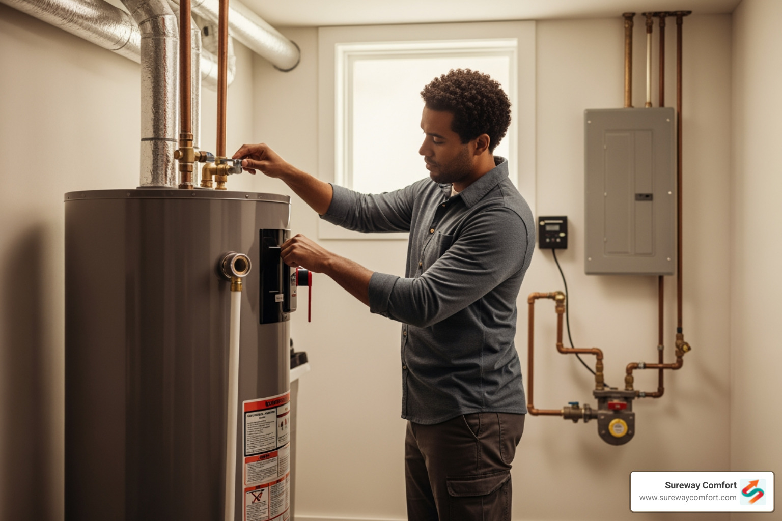 infographic showing five emergency steps: 1) shut off water supply valve, 2) disconnect power or gas, 3) call emergency plumber, 4) photograph damage, 5) contain water with towels - emergency water heater repair in brookline, pa