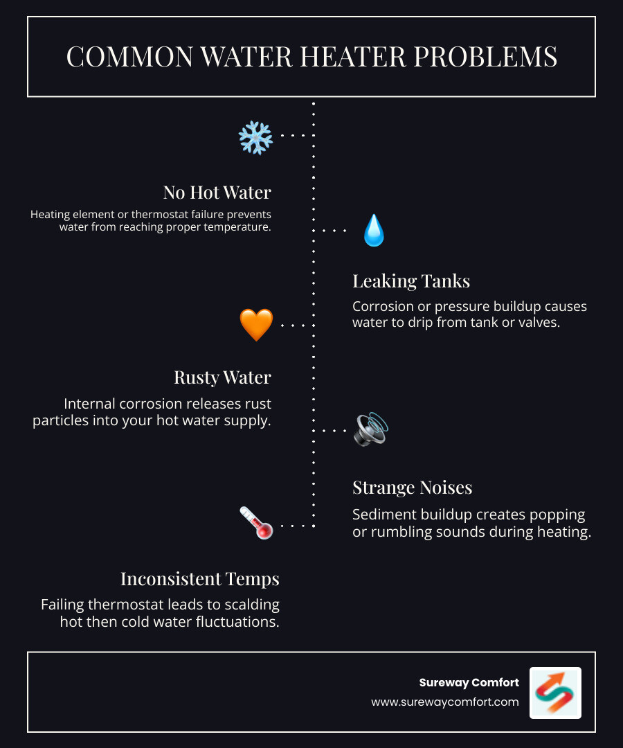 infographic showing common water heater problems including no hot water, leaking tanks, rusty water, strange noises, inconsistent temperatures, rising energy bills, and when to call for professional repair versus replacement - best water heater repair in brookline, pa infographic infographic-line-5-steps-dark
