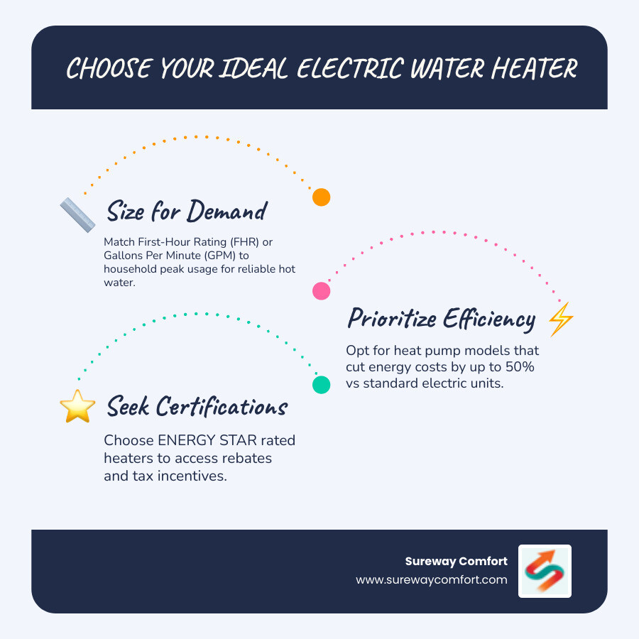 Infographic describing top electric water heater solutions for efficiency, sizing, and savings - best electric water heater in brookline, pa infographic infographic-line-3-steps-blues-accent_colors