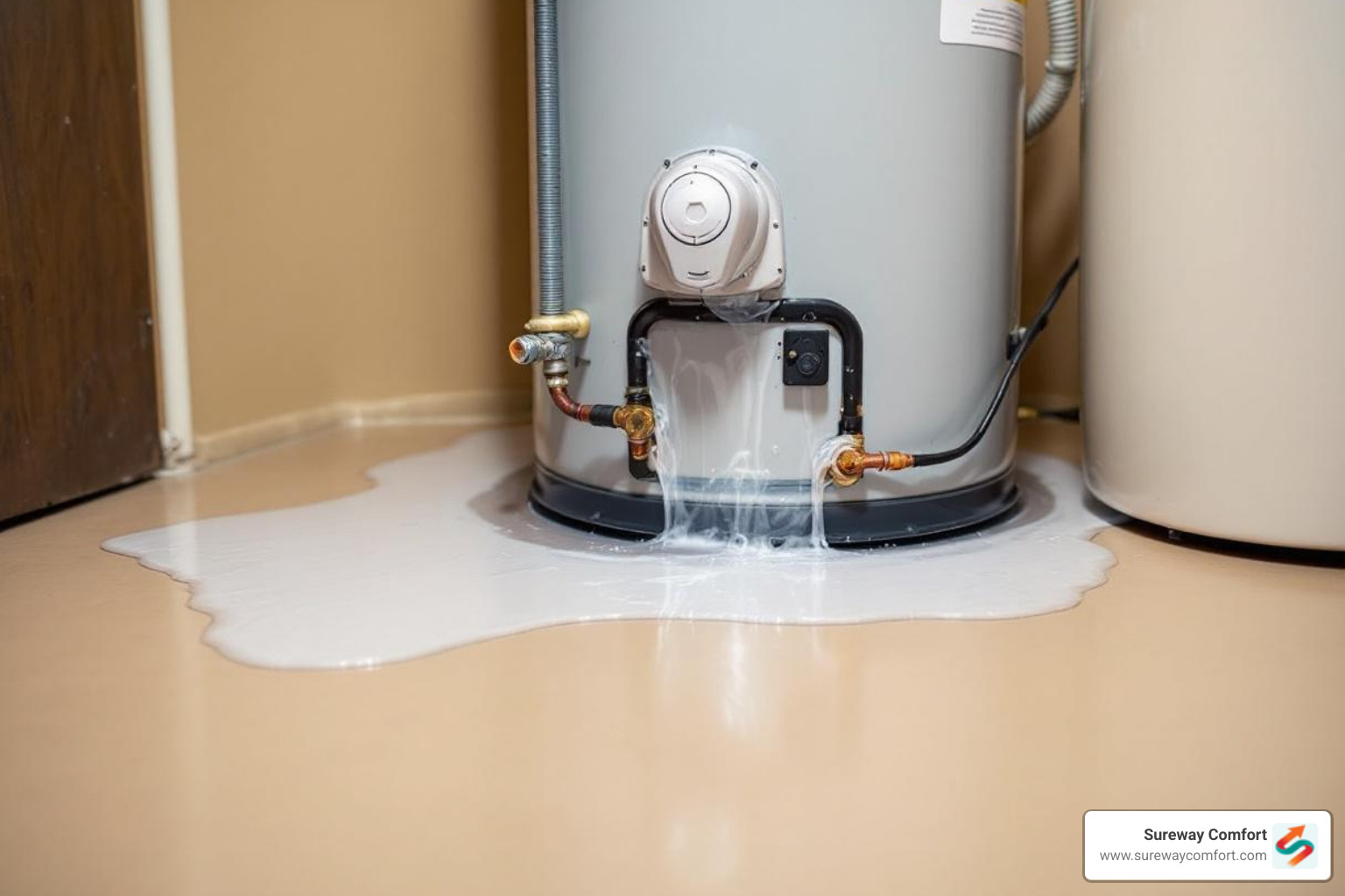 Infographic showing emergency water heater warning signs: no hot water at any faucet, visible water pooling around the base of the unit, strange popping or rumbling sounds from the tank, discolored or rusty water from hot taps, and fluctuating water temperatures throughout the day - 24 hour electric water heater in mt. lebanon, pa