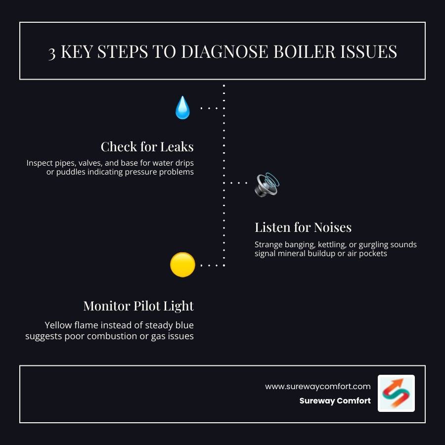 Infographic showing residential boiler system components pressure gauge circulator pump expansion tank thermostat zones