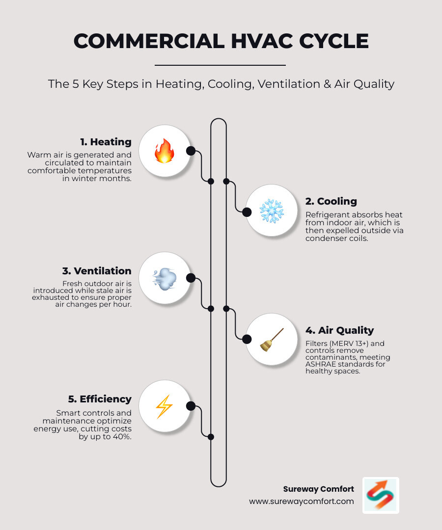 Infographic showing the commercial HVAC cycle: heating, cooling, ventilation, air quality, and energy efficiency basics