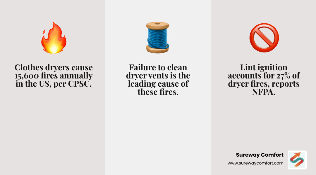Infographic showing the top causes of dryer fires including lint buildup, clogged vents, and improper materials - dryer vent Infographic showing the top causes of dryer fires including lint buildup, clogged vents, and improper materials - dryer vent