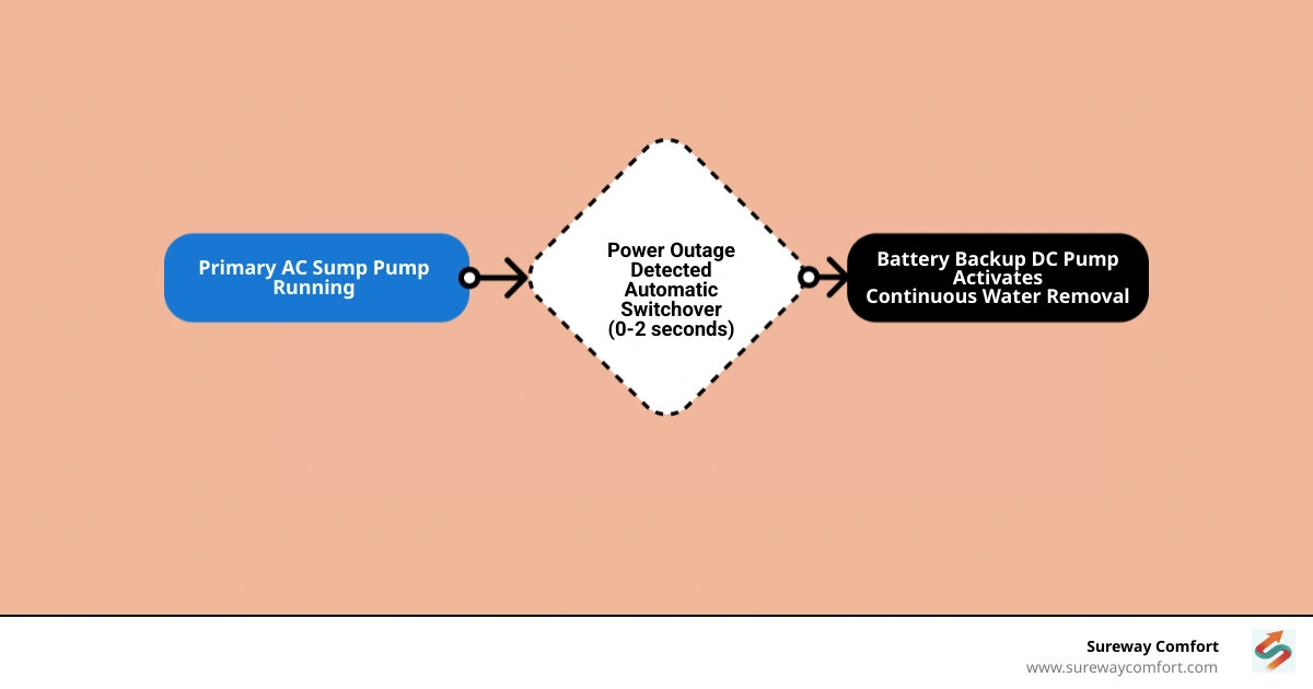 Infographic showing automatic switchover from primary AC sump pump to battery backup DC system during power outage - battery Infographic showing automatic switchover from primary AC sump pump to battery backup DC system during power outage - battery