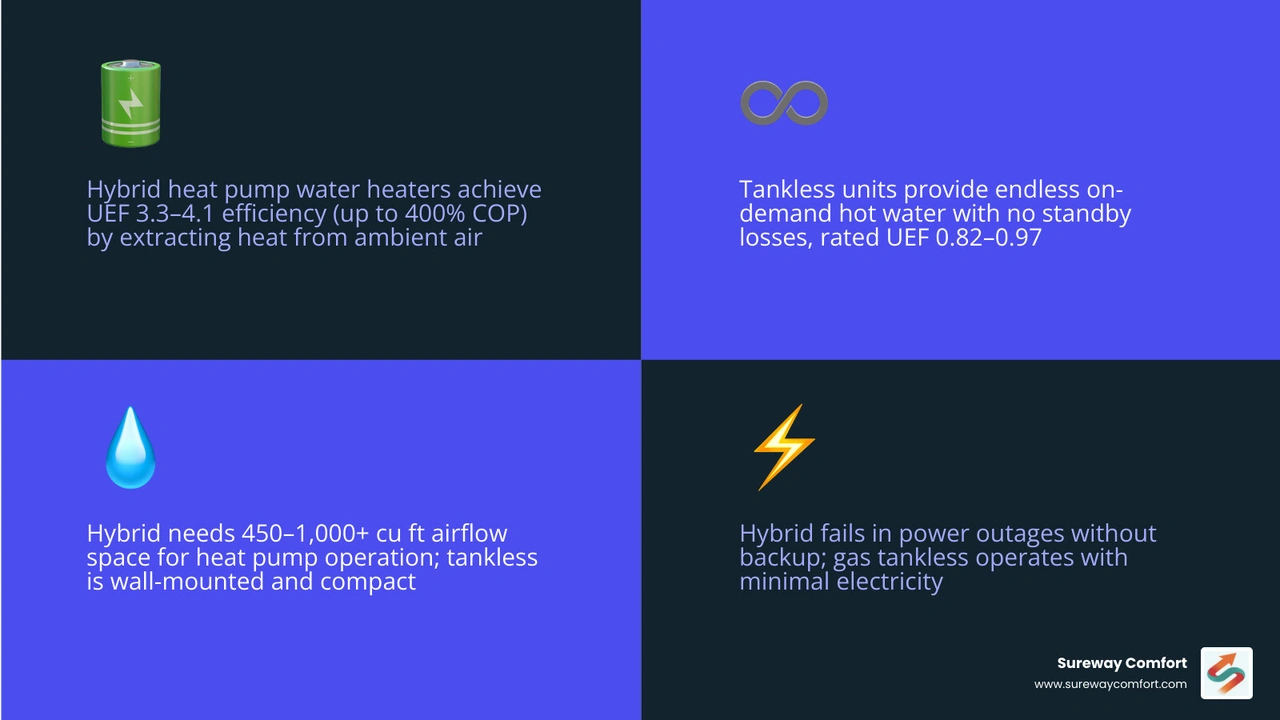 comparison infographic of hybrid heat pump water heater vs tankless on-demand water heater efficiency and performance comparison infographic of hybrid heat pump water heater vs tankless on-demand water heater efficiency and performance