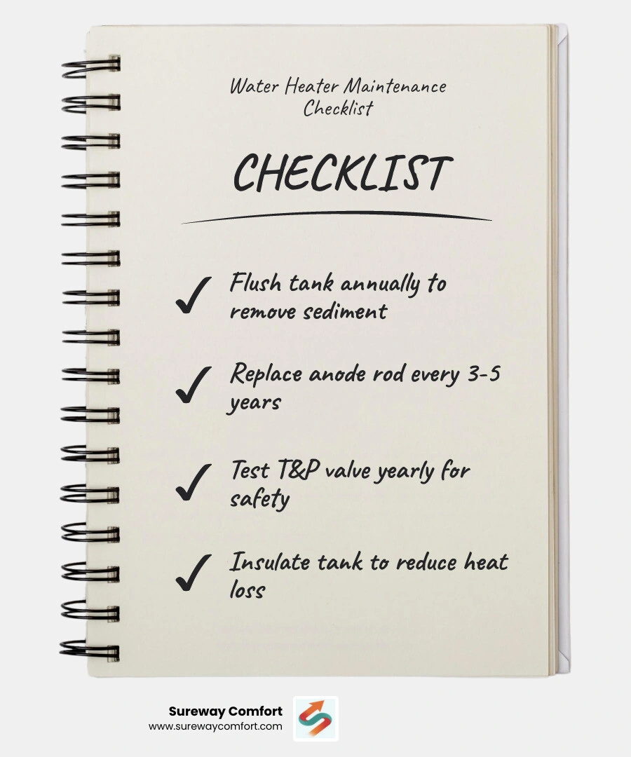 Annual water heater maintenance cycle infographic showing monthly checks, annual flush, anode rod, T&P valve, and insulation Annual water heater maintenance cycle infographic showing monthly checks, annual flush, anode rod, T&P valve, and insulation