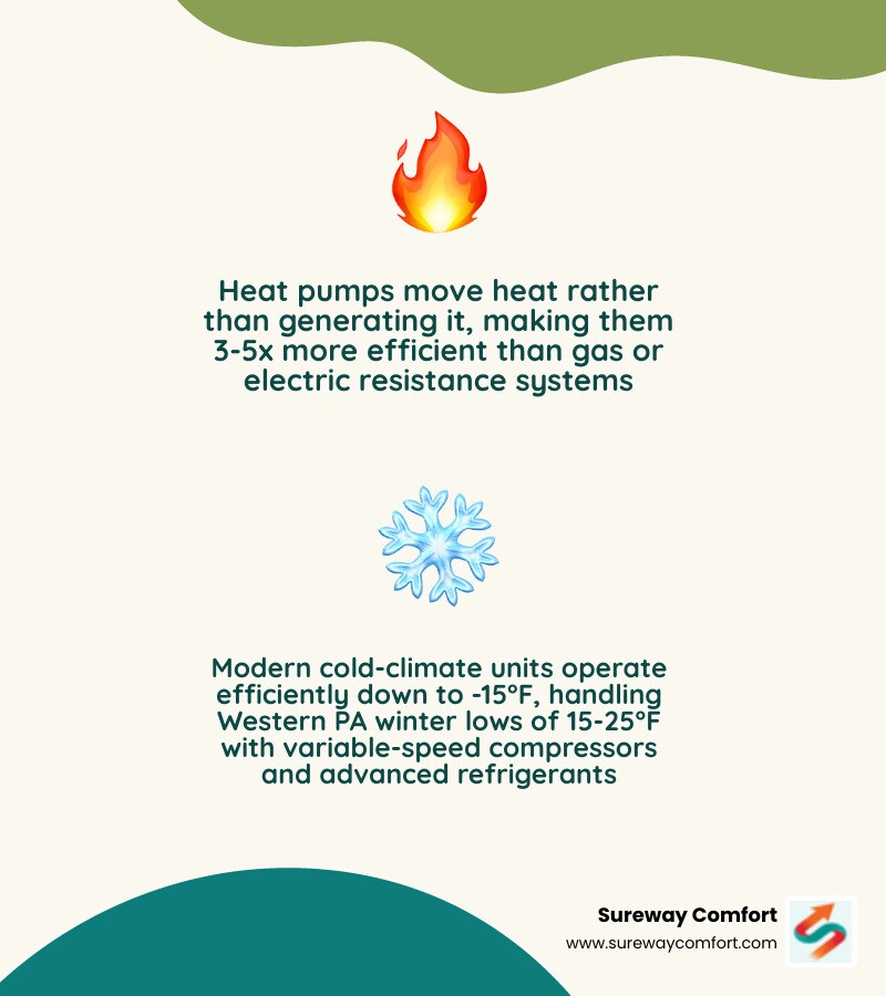 Infographic showing heat pump benefits for western pennsylvania homeowners including efficiency savings and climate Infographic showing heat pump benefits for western pennsylvania homeowners including efficiency savings and climate