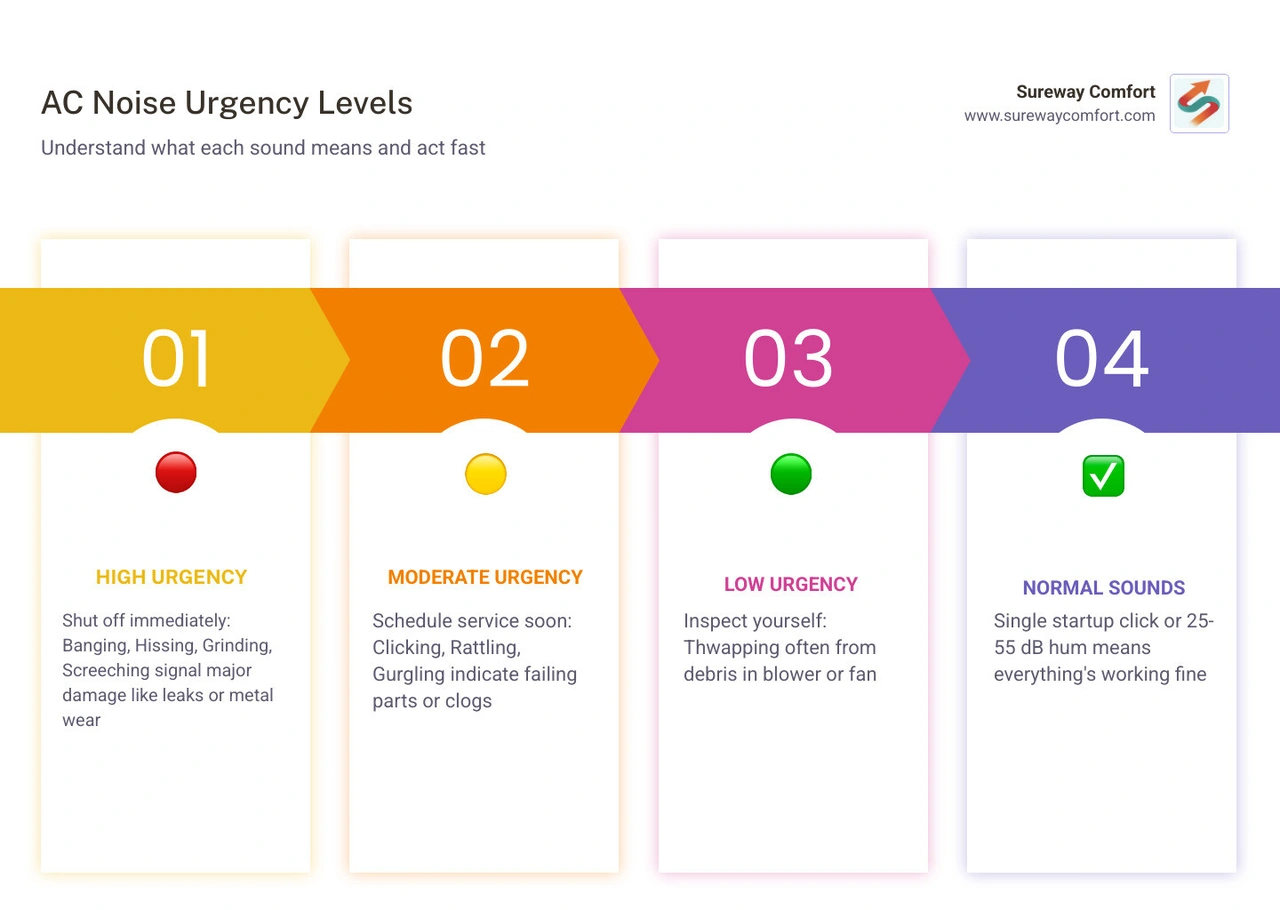 Infographic showing common AC noises, their causes, and urgency levels from low to emergency - ac making strange noises what Infographic showing common AC noises, their causes, and urgency levels from low to emergency - ac making strange noises what