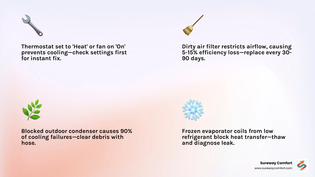 Infographic showing the 7 most common reasons an AC blows warm air and basic troubleshooting steps - why is my ac blowing