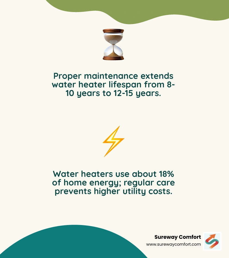 Infographic showing annual water heater maintenance checklist benefits, tasks, and frequency for homeowners infographic