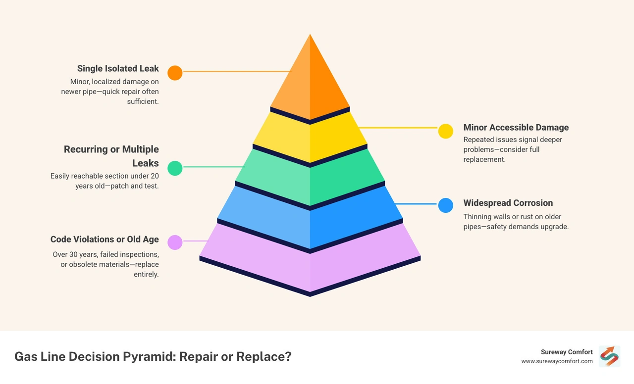 Repair vs replacement decision path infographic for residential gas lines based on pipe age, condition, and leak severity Repair vs replacement decision path infographic for residential gas lines based on pipe age, condition, and leak severity