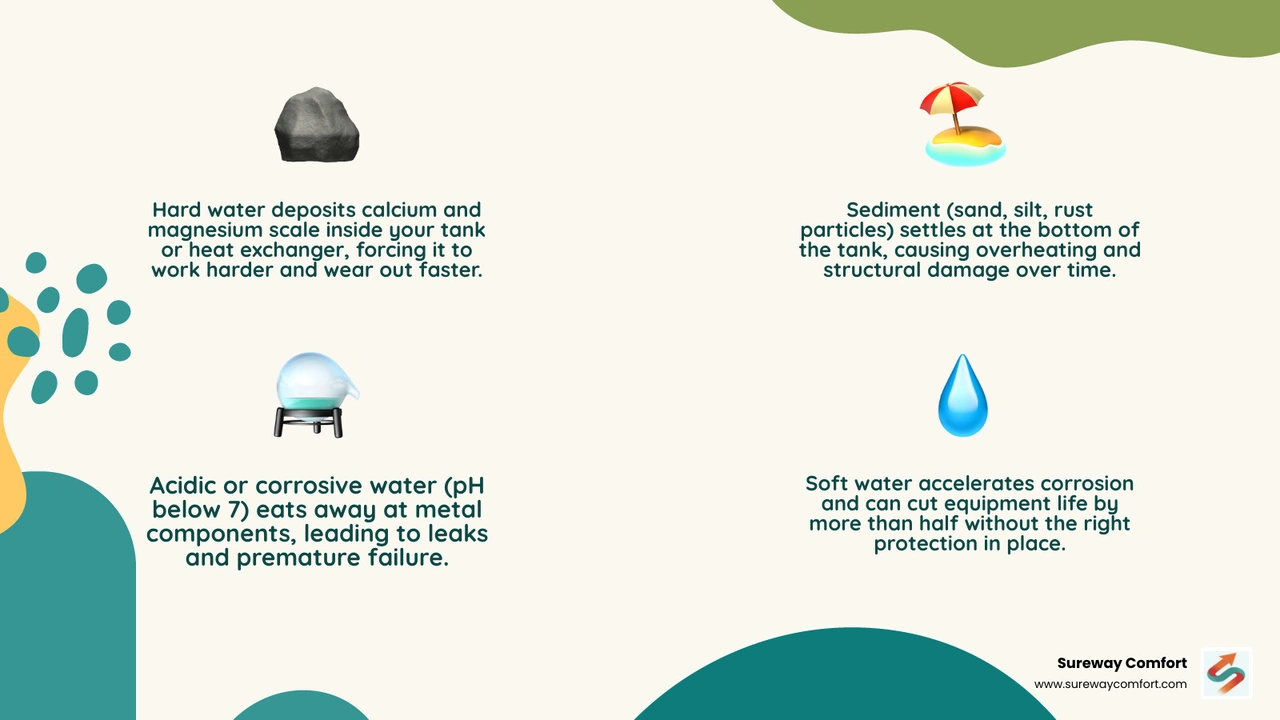 infographic showing how hard water, sediment, acidic water, and soft water each reduce water heater lifespan infographic infographic showing how hard water, sediment, acidic water, and soft water each reduce water heater lifespan infographic