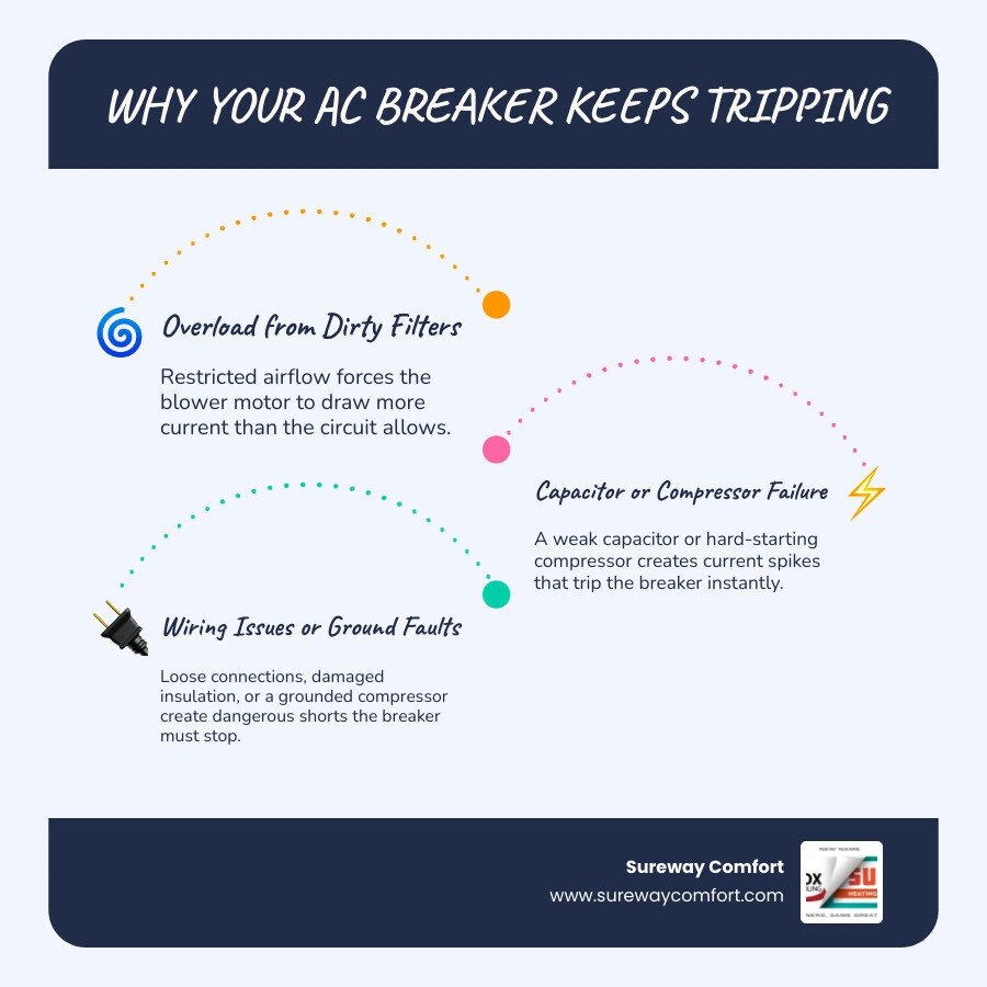 Infographic showing why an AC circuit breaker trips including dirty filters, coils, capacitor failure, and wiring faults Infographic showing why an AC circuit breaker trips including dirty filters, coils, capacitor failure, and wiring faults