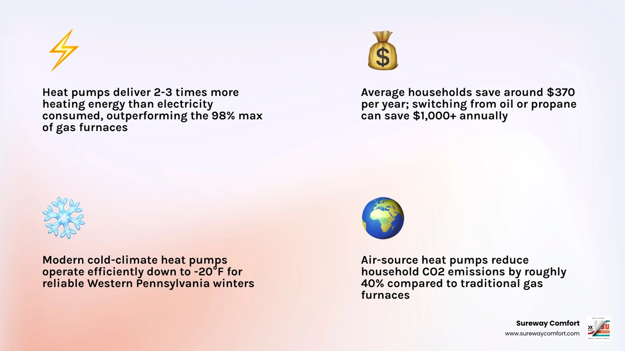 Heat pump advantages vs traditional HVAC infographic comparing efficiency, cost savings, lifespan, and cold weather