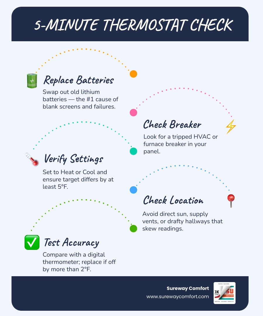 5-step thermostat check infographic: batteries, breaker, settings, location, accuracy test infographic 5-step thermostat check infographic: batteries, breaker, settings, location, accuracy test infographic
