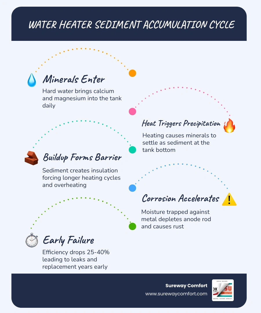 Infographic showing the water heater sediment accumulation cycle from mineral precipitation to efficiency loss and premature Infographic showing the water heater sediment accumulation cycle from mineral precipitation to efficiency loss and premature