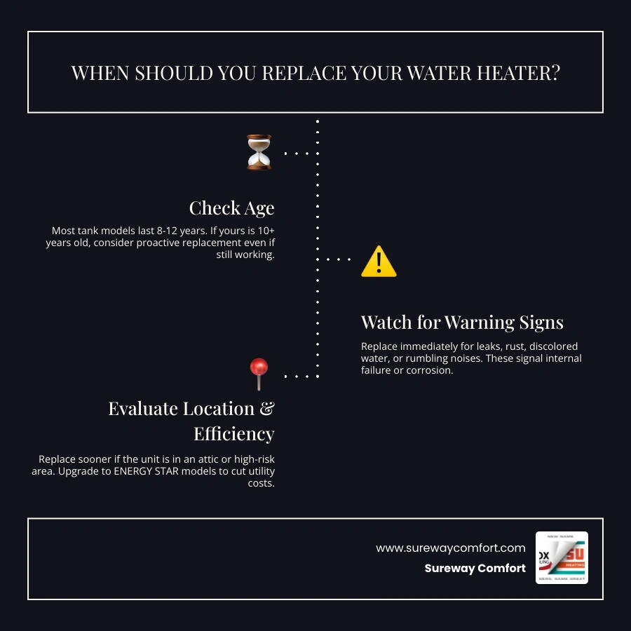 Infographic showing water heater lifespan by type, top warning signs, and replacement decision guide infographic