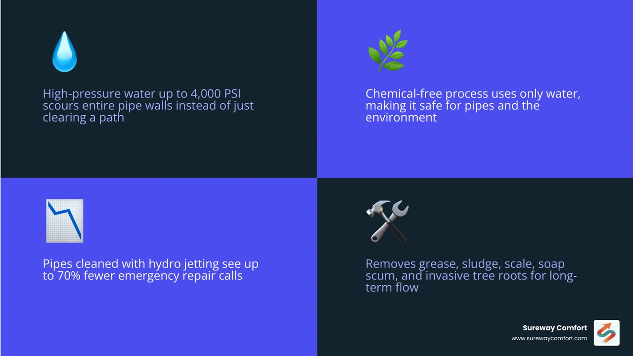 Infographic showing hydro jetting benefits: complete pipe wall cleaning, grease and root removal, 70% fewer emergency