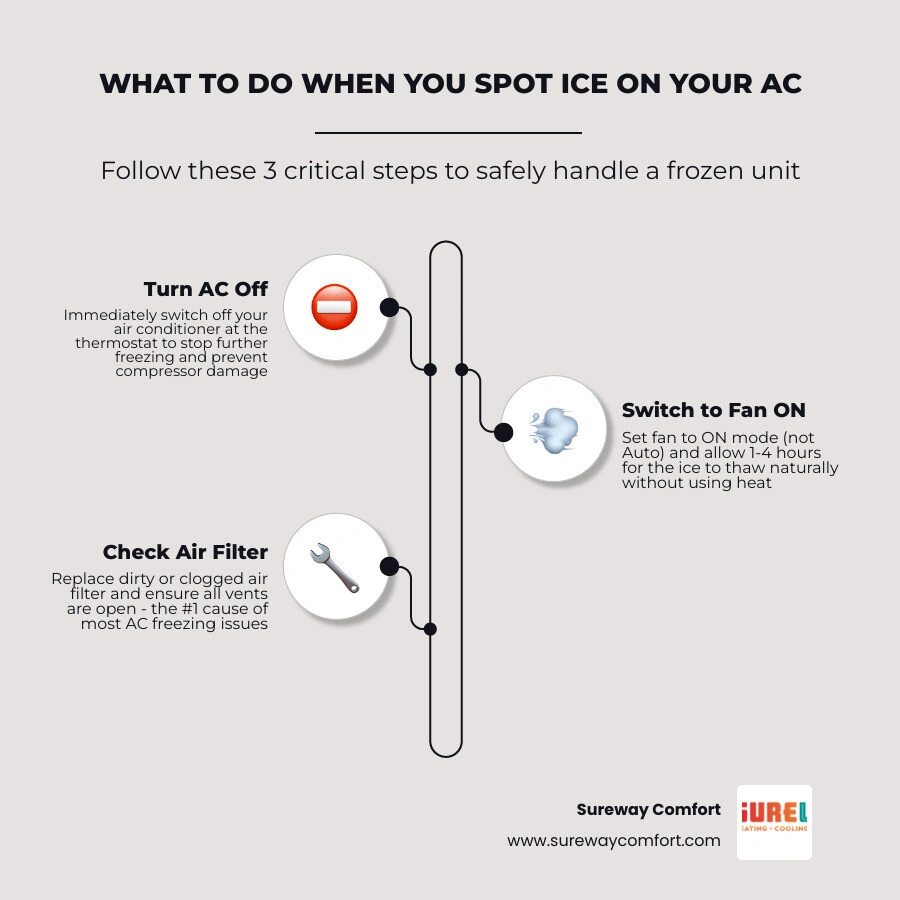 Infographic showing the AC freezing cycle causes symptoms and immediate steps to fix ice on AC unit infographic