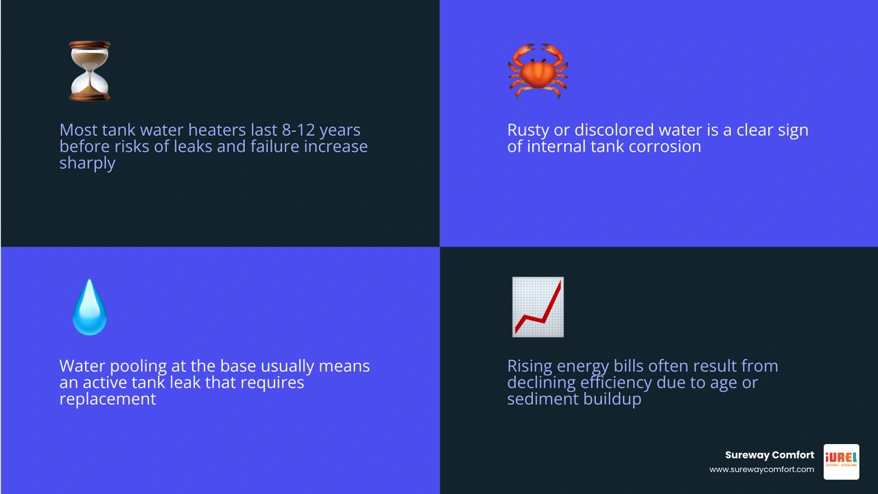 Warning signs of a failing water heater infographic with age, rust, noises, leaks, and rising bills infographic