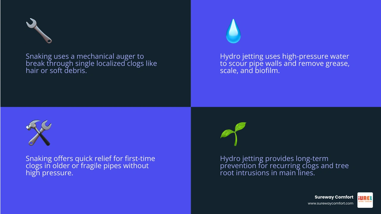 Infographic comparing hydro jetting vs snaking: method, best use case, pipe safety, and results duration infographic Infographic comparing hydro jetting vs snaking: method, best use case, pipe safety, and results duration infographic